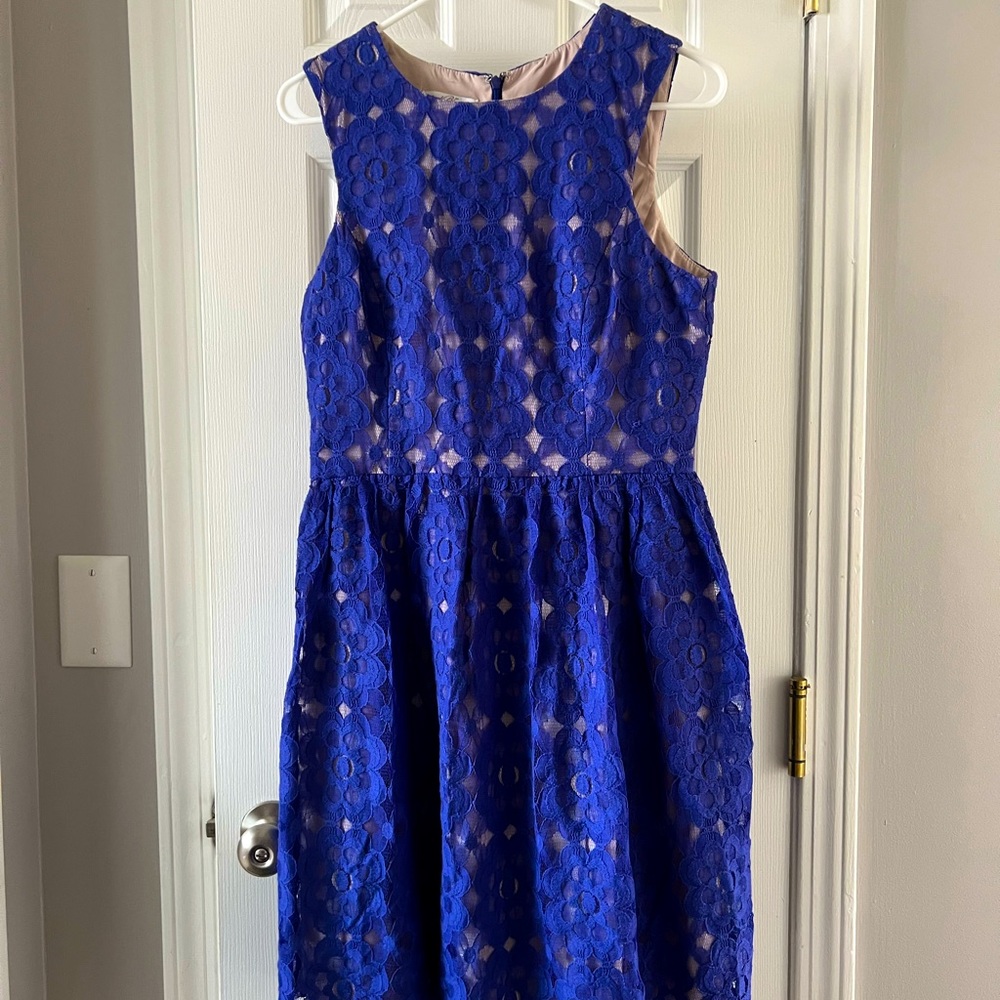 Colbalt blue lace overlay dress.